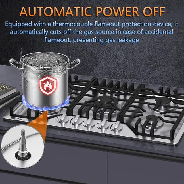 Alt view image 3 of 7 - 30 inch Gas Cooktop, Bulit-in Gas Stove Top with 5 Burner, NG/LPG Convertible Cooktops, 5 Burner Propane Cooktop with Thermocouple Protection, Stainless Steel