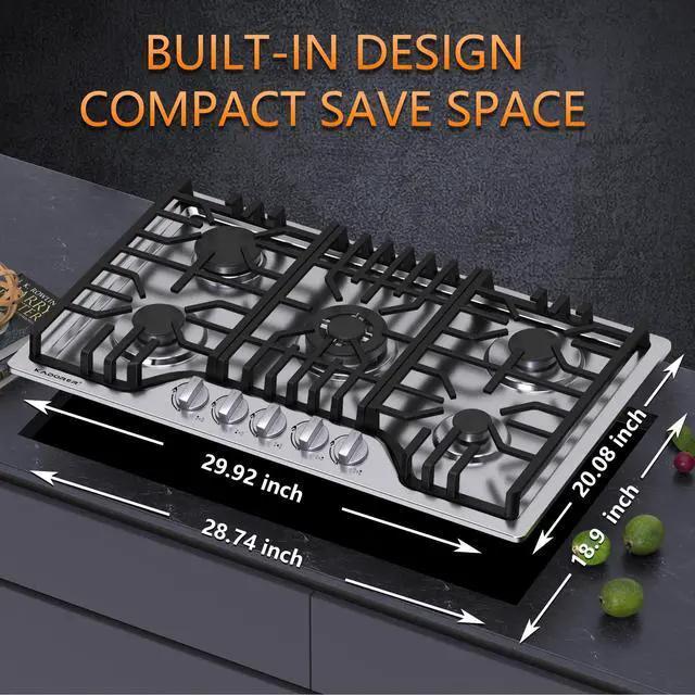 Alt view image 6 of 7 - 30 inch Gas Cooktop, Bulit-in Gas Stove Top with 5 Burner, NG/LPG Convertible Cooktops, 5 Burner Propane Cooktop with Thermocouple Protection, Stainless Steel