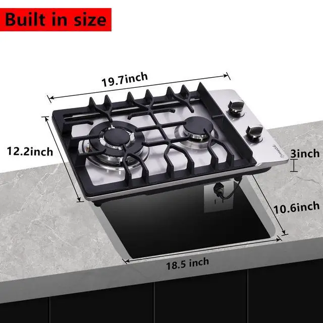 Alt view image 5 of 7 - Bakysso Gas Cooktop 12 Inch, 2 Burners Gas Stovetop Built-in Stainless Steel Gas Stove Dual Fuel LPG/NG Convertible Gas Hob for RVs, Apartments, Outdoor, 12 Inch Stainless Steel