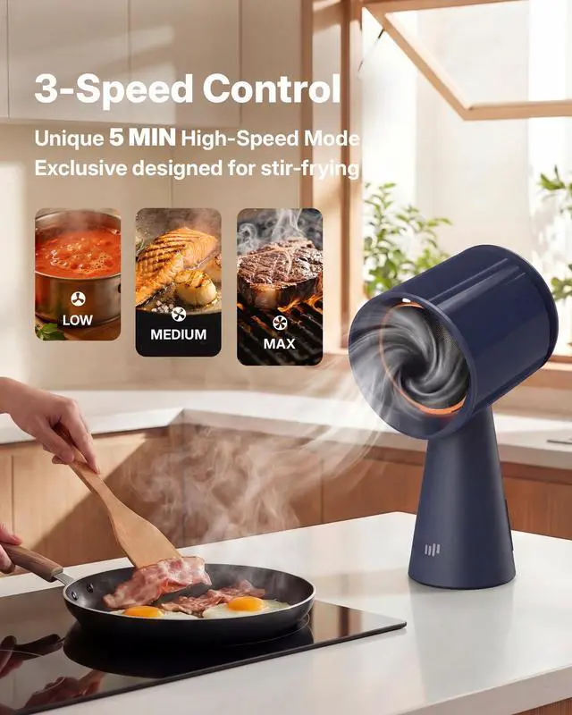 Alt view image 2 of 7 - Portable Range Hood, Desktop Range Hood with 3 Speed, Low Noise Large Oil Collection Cup, Detachable Aluminum Filter, Kitchen Exhaust Fan for Apartments, Indoor BBQ and RV, Navy Blue-HD06