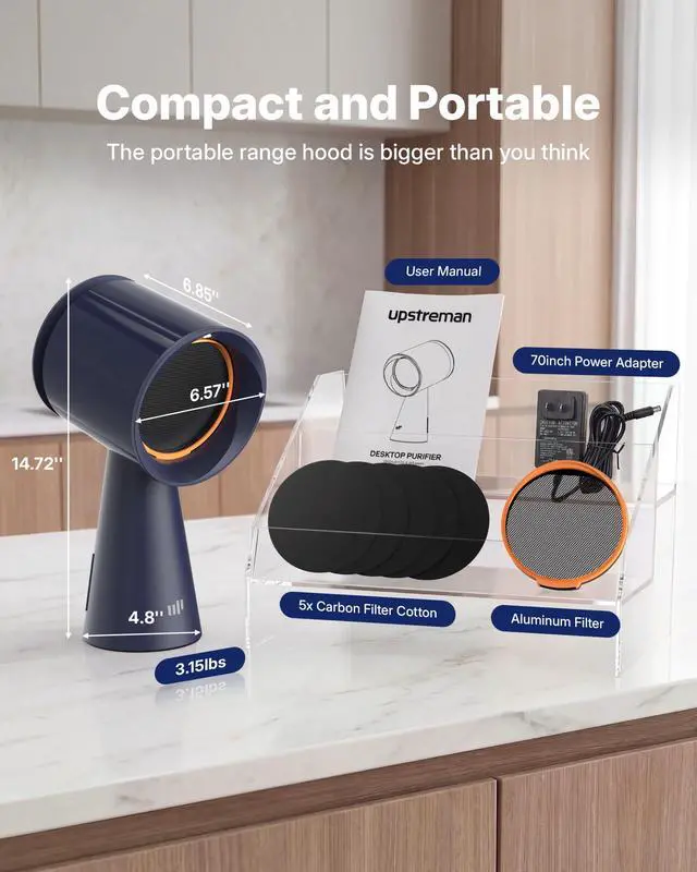 Alt view image 3 of 7 - Portable Range Hood, Desktop Range Hood with 3 Speed, Low Noise Large Oil Collection Cup, Detachable Aluminum Filter, Kitchen Exhaust Fan for Apartments, Indoor BBQ and RV, Navy Blue-HD06