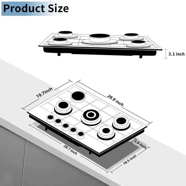 Alt view image 4 of 7 - 30 Inch Gas Cooktop, 5 Burners Built-in Stovetop, Stainless Steel LPG/NG Convertible Stove, Dual Fuel Sealed Hob - Black