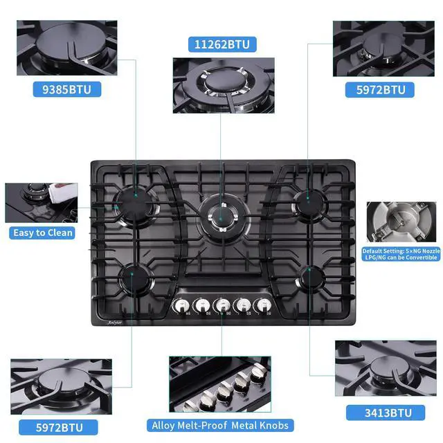 Alt view image 3 of 7 - 30 Inch Gas Cooktop, 5 Burners Built-in Stovetop, Stainless Steel LPG/NG Convertible Stove, Dual Fuel Sealed Hob - Black