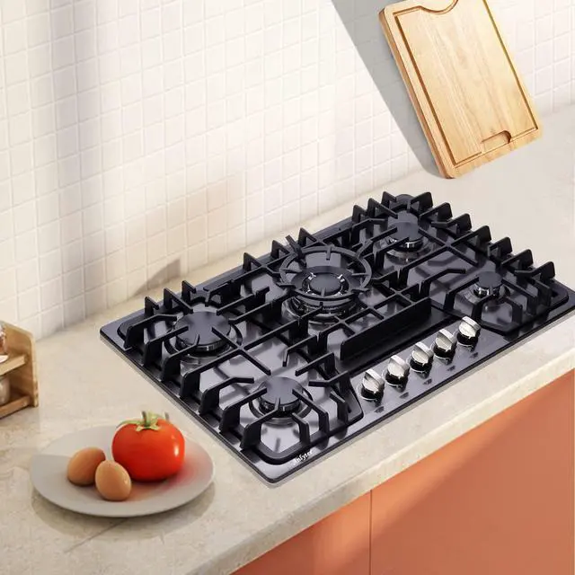 Alt view image 6 of 7 - 30 Inch Gas Cooktop, 5 Burners Built-in Stovetop, Stainless Steel LPG/NG Convertible Stove, Dual Fuel Sealed Hob - Black