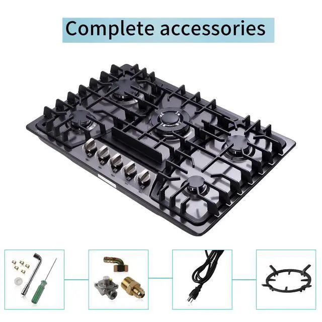 Alt view image 7 of 7 - 30 Inch Gas Cooktop, 5 Burners Built-in Stovetop, Stainless Steel LPG/NG Convertible Stove, Dual Fuel Sealed Hob - Black