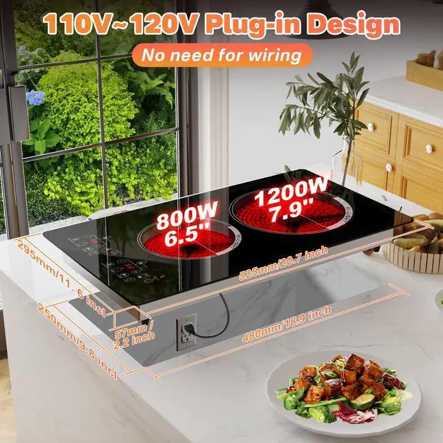 Alt view image 4 of 7 - 12 inch Electric Cooktop 2 Burner Infrared Stove, 2000W Plug in Hotplate Double Heating Elements Stove for Cooking, 120V Ceramic Hot Plate, Built-in and Countertop Compatible