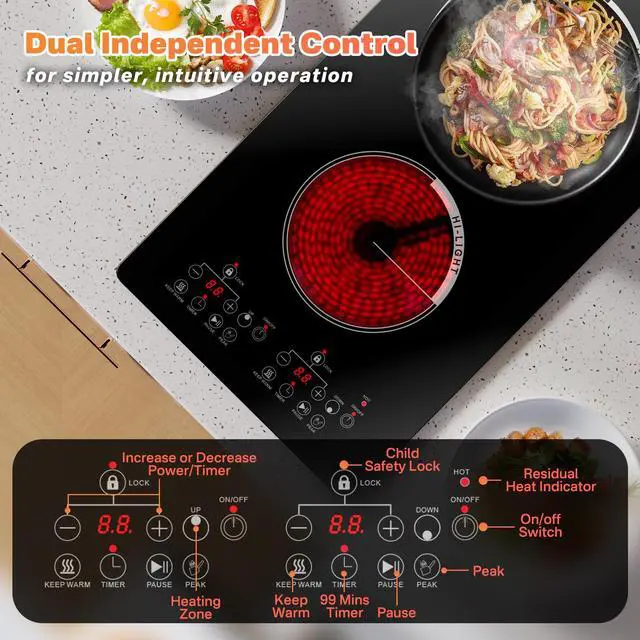Alt view image 3 of 7 - 12 inch Electric Cooktop 2 Burner Infrared Stove, 2000W Plug in Hotplate Double Heating Elements Stove for Cooking, 120V Ceramic Hot Plate, Built-in and Countertop Compatible
