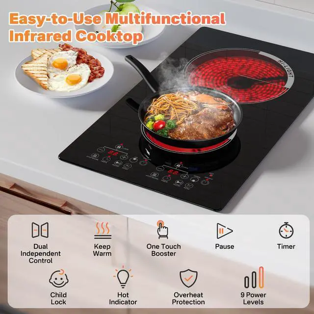 Alt view image 2 of 7 - 12 inch Electric Cooktop 2 Burner Infrared Stove, 2000W Plug in Hotplate Double Heating Elements Stove for Cooking, 120V Ceramic Hot Plate, Built-in and Countertop Compatible