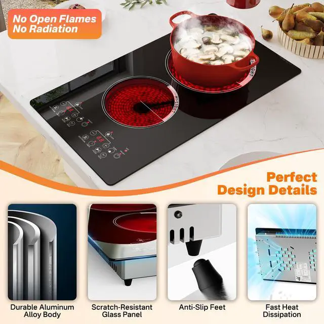Alt view image 5 of 7 - 12 inch Electric Cooktop 2 Burner Infrared Stove, 2000W Plug in Hotplate Double Heating Elements Stove for Cooking, 120V Ceramic Hot Plate, Built-in and Countertop Compatible