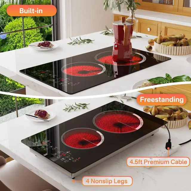 Alt view image 6 of 7 - 12 inch Electric Cooktop 2 Burner Infrared Stove, 2000W Plug in Hotplate Double Heating Elements Stove for Cooking, 120V Ceramic Hot Plate, Built-in and Countertop Compatible