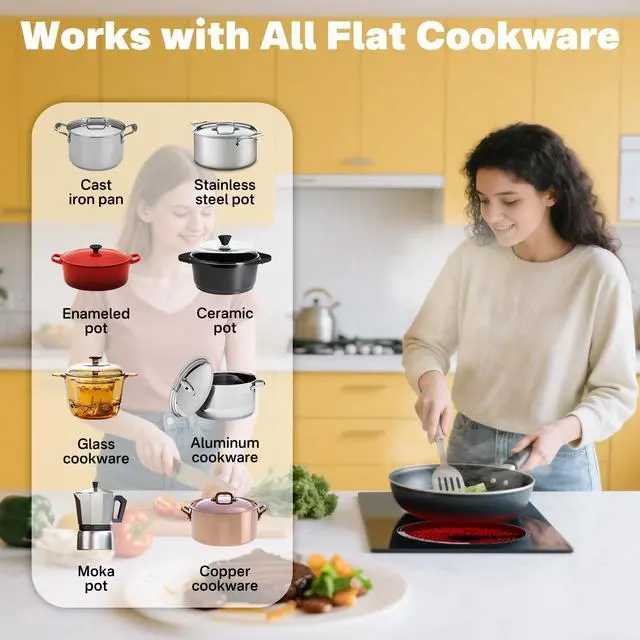 Alt view image 7 of 7 - 12 inch Electric Cooktop 2 Burner Infrared Stove, 2000W Plug in Hotplate Double Heating Elements Stove for Cooking, 120V Ceramic Hot Plate, Built-in and Countertop Compatible