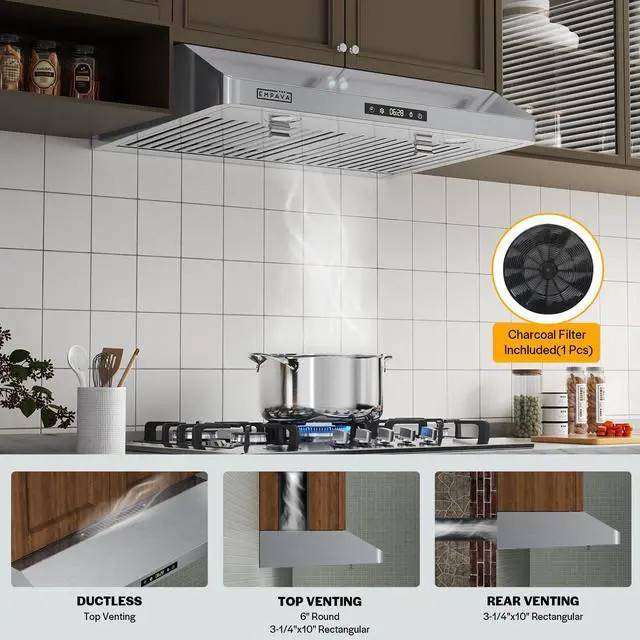 Alt view image 2 of 6 - 30Under Cabinet Range Vent Hood Ductless, Touch Control | 300CFM, 3-Speed, 2 LED Light, Ducted Ready (Rear/Top Vent), Stainless Steel