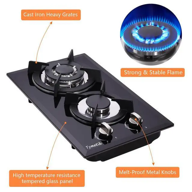 Alt view image 2 of 7 - 12 Inch Gas Cooktop - 2 Burner Built-in Stovetop with Tempered Glass, LPG/NG Convertible Dual Fuel, Ideal for RVs, Apartments, Outdoor
