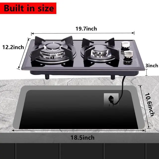 Alt view image 5 of 7 - 12 Inch Gas Cooktop - 2 Burner Built-in Stovetop with Tempered Glass, LPG/NG Convertible Dual Fuel, Ideal for RVs, Apartments, Outdoor