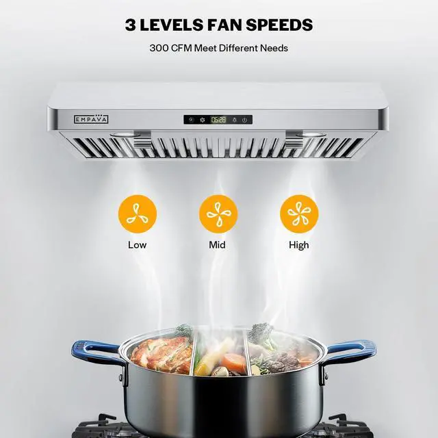 Alt view image 4 of 6 - 30Under Cabinet Range Vent Hood Ductless, Touch Control | 300CFM, 3-Speed, 2 LED Light, Ducted Ready (Rear/Top Vent), Stainless Steel