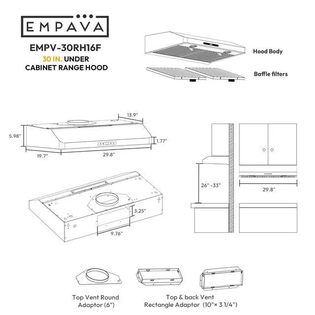 Alt view image 6 of 6 - 30Under Cabinet Range Vent Hood Ductless, Touch Control | 300CFM, 3-Speed, 2 LED Light, Ducted Ready (Rear/Top Vent), Stainless Steel