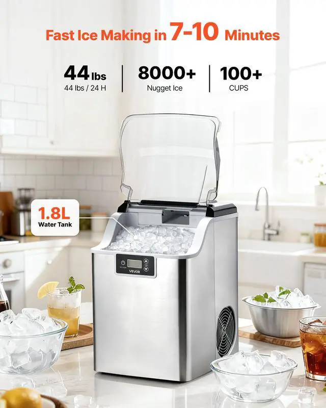 Alt view image 2 of 7 - Countertop Ice Maker, 44 lbs per Day, Self-Cleaning Portable Machine with Scoop, Nugget Ice Machine with Chewable ICES for Home, Kitchen, Office, Bar & Party, 4 lbs Ice-Storage, Sliver