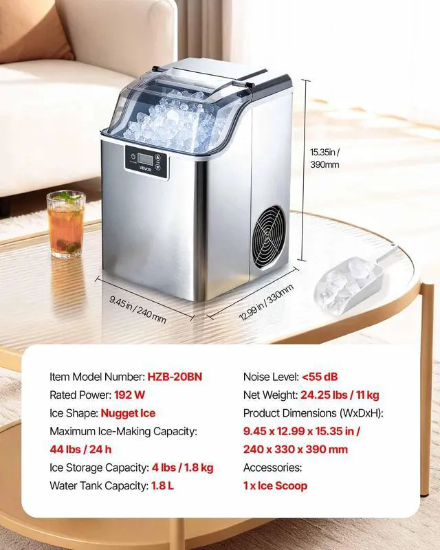 Alt view image 7 of 7 - Countertop Ice Maker, 44 lbs per Day, Self-Cleaning Portable Machine with Scoop, Nugget Ice Machine with Chewable ICES for Home, Kitchen, Office, Bar & Party, 4 lbs Ice-Storage, Sliver