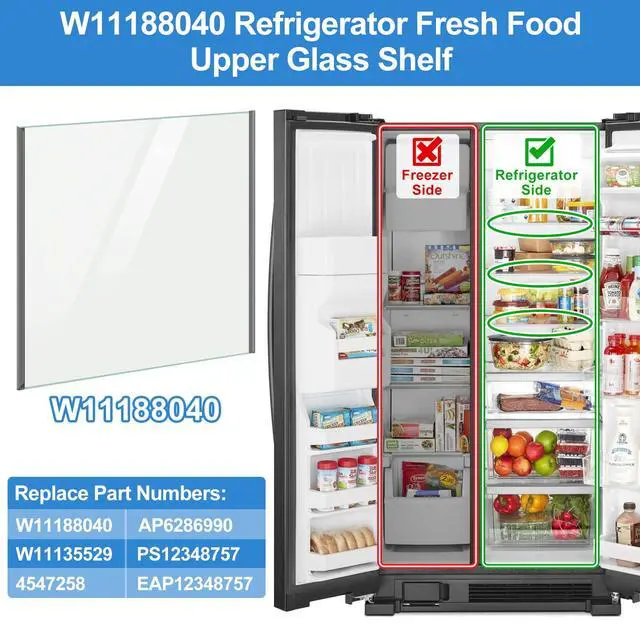 Alt view image 2 of 6 - UPGRADED W11188040 Refrigerator Glass Shelf Compatible with Whirlpool Fresh Food Upper Glass Shelf Replacement,Tempered Glass Shelf Parts W11135529,AP6286990, Fit WRS312/ WRS315/ WRS321/WRS325..Series