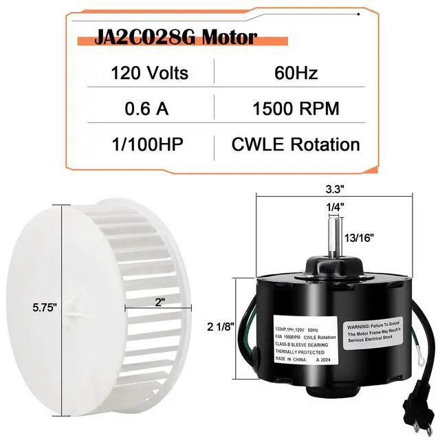 Alt view image 3 of 7 - JA2C028G Fan Motor & 5901A000 Blower Wheel for Broan Nutone Bathroom Exhaust Fan Replacement Parts, S23405SER, 23405SER, JA2C028-1, 23405, QT9093WH, QT80, QT100L, QT110 3.3" Diameter Motor