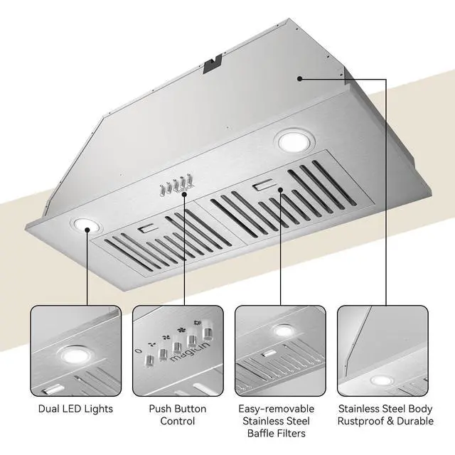 Alt view image 4 of 7 - Built-in/Insert Range Hood 30 600 CFM Ducted/Ductless Convertible | 3 Speed Vent Hood Stainless Steel Kitchen Exhaust Fan Hood with Bright LED Light, Baffle Filters and Charcoal Filters