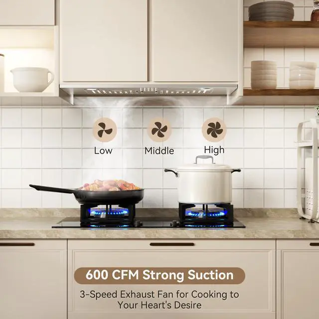 Alt view image 2 of 7 - Built-in/Insert Range Hood 30 600 CFM Ducted/Ductless Convertible | 3 Speed Vent Hood Stainless Steel Kitchen Exhaust Fan Hood with Bright LED Light, Baffle Filters and Charcoal Filters