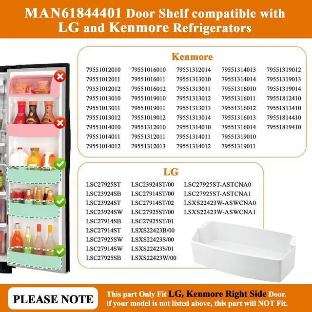 Alt view image 4 of 6 - MAN61844401 Refrigerator Door Shelf Bin (Right) Compatible with LSC27925ST Bin, LSC23924SW Door Shelf, LSC27914SB, LSC27925SW, Kenmore Refrigerator 79551012010, 79551313014, etc