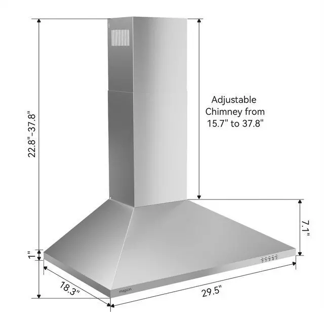 Alt view image 2 of 7 - Wall Mount Range Hood 30 inch Ducted/Ductless Convertible 380CFM | Stainless Steel Stove Vent Hood for Kitchen with LED Light,3 Speed Exhaust Fan,Charcoal Filter