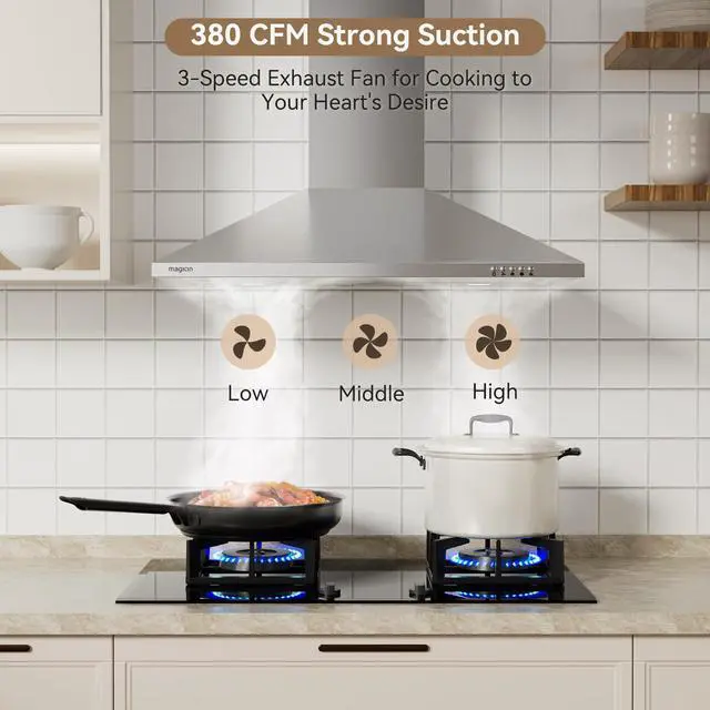 Alt view image 5 of 7 - Wall Mount Range Hood 30 inch Ducted/Ductless Convertible 380CFM | Stainless Steel Stove Vent Hood for Kitchen with LED Light,3 Speed Exhaust Fan,Charcoal Filter