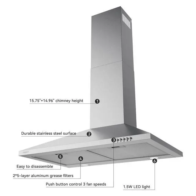 Alt view image 3 of 7 - Wall Mount Range Hood 30 inch Ducted/Ductless Convertible 380CFM | Stainless Steel Stove Vent Hood for Kitchen with LED Light,3 Speed Exhaust Fan,Charcoal Filter