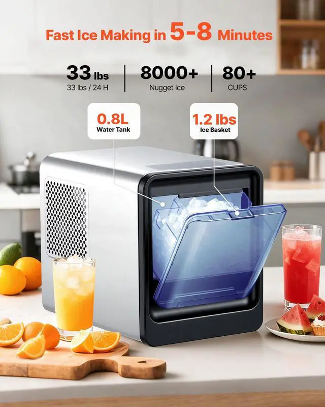 Alt view image 3 of 7 - Countertop Ice Maker, 33 lbs per Day, Self-Cleaning Portable Machine with Scoop, Drawer-Style Ice Access, Nugget Ice-Making Machine with Chewable ICES for Home, Kitchen, Office, Bar & Party