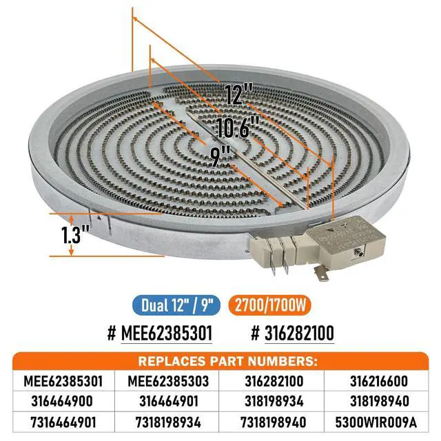 Alt view image 2 of 6 - 316282100, MEE62385301 Range 12" Dual Radiant Surface Element Burner OEM Replacement Parts, Replaces 5300W1R009A MEE62385303 316216600 316464900 316464901 318198934 318198940