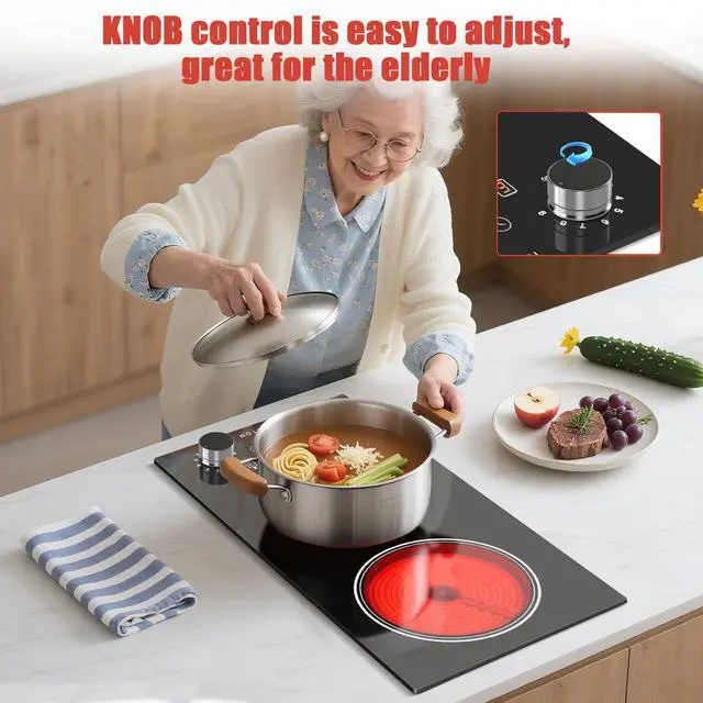 Alt view image 3 of 7 - 2 Burners Electric Cooktop 110V, 12 Inch Radiant Ceramic Stove(B) | 110V Outlet Plug, Knob & Touch Control, 2000W, Built-in or Countertop Use, Portable Electric Hot Plate, Timer, Child Lock