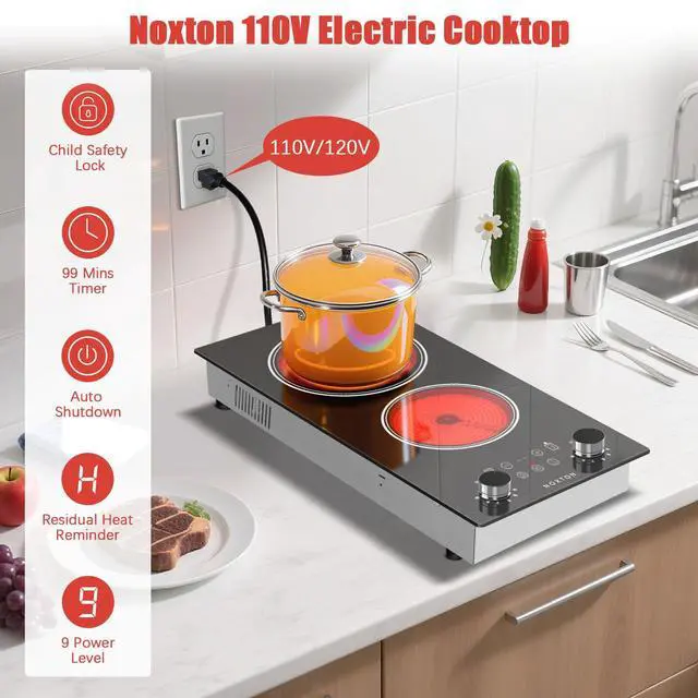 Alt view image 2 of 7 - 2 Burners Electric Cooktop 110V, 12 Inch Radiant Ceramic Stove(B) | 110V Outlet Plug, Knob & Touch Control, 2000W, Built-in or Countertop Use, Portable Electric Hot Plate, Timer, Child Lock