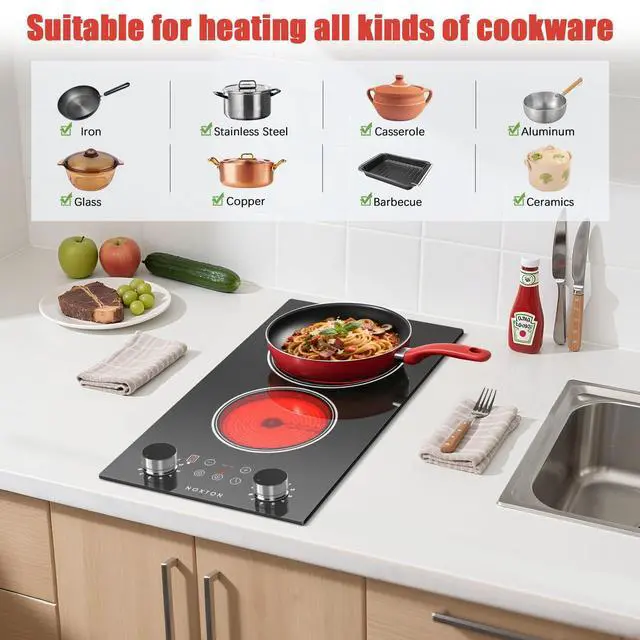 Alt view image 6 of 7 - 2 Burners Electric Cooktop 110V, 12 Inch Radiant Ceramic Stove(B) | 110V Outlet Plug, Knob & Touch Control, 2000W, Built-in or Countertop Use, Portable Electric Hot Plate, Timer, Child Lock