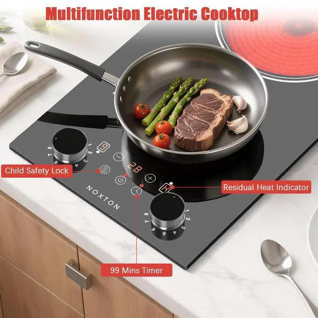 Alt view image 7 of 7 - 2 Burners Electric Cooktop 110V, 12 Inch Radiant Ceramic Stove(B) | 110V Outlet Plug, Knob & Touch Control, 2000W, Built-in or Countertop Use, Portable Electric Hot Plate, Timer, Child Lock