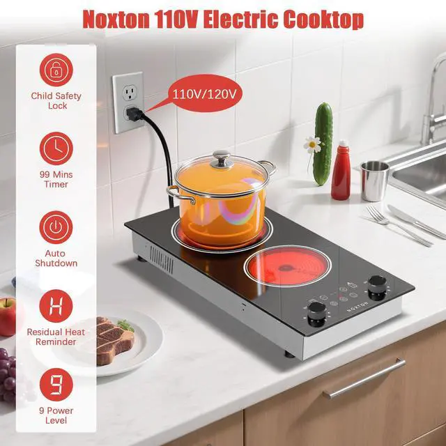 Alt view image 2 of 7 - 2 Burners Electric Cooktop 110V, 12 Inch Radiant Ceramic Stove(BW) | 110V Outlet Plug, Knob & Touch Control, 2000W, Built-in or Countertop Use, Portable Electric Hot Plate, Timer, Child Lock