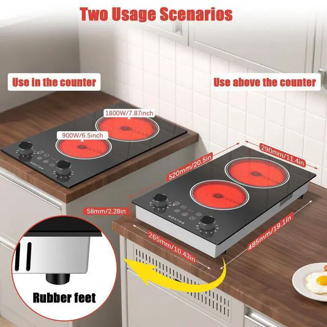 Alt view image 5 of 7 - 2 Burners Electric Cooktop 110V, 12 Inch Radiant Ceramic Stove(BW) | 110V Outlet Plug, Knob & Touch Control, 2000W, Built-in or Countertop Use, Portable Electric Hot Plate, Timer, Child Lock