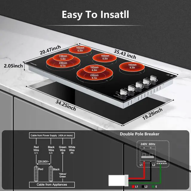 Alt view image 2 of 7 - Electric Cooktop 36 Inch,5 Burners Built-in Electric Stove Top,Max 8900W Ceramic Glass Countertop with Knob Control Max 3000W Double Zone,Safety Lock