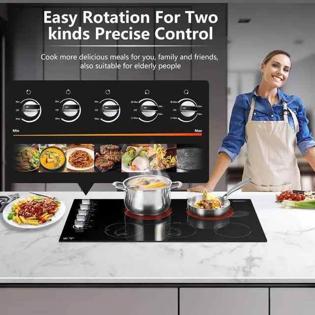 Alt view image 3 of 7 - Electric Cooktop 36 Inch,5 Burners Built-in Electric Stove Top,Max 8900W Ceramic Glass Countertop with Knob Control Max 3000W Double Zone,Safety Lock