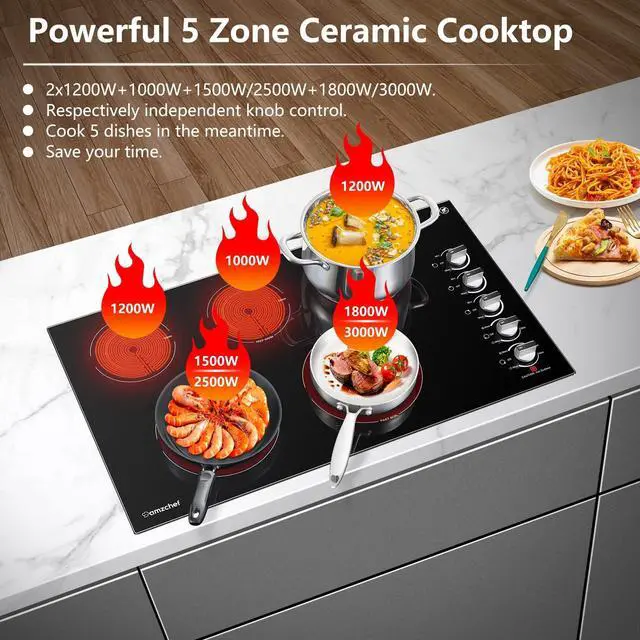 Alt view image 4 of 7 - Electric Cooktop 36 Inch,5 Burners Built-in Electric Stove Top,Max 8900W Ceramic Glass Countertop with Knob Control Max 3000W Double Zone,Safety Lock