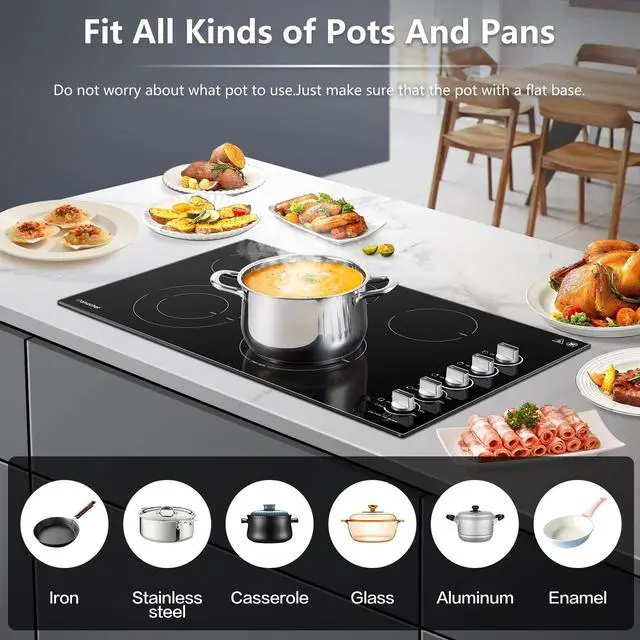 Alt view image 6 of 7 - Electric Cooktop 36 Inch,5 Burners Built-in Electric Stove Top,Max 8900W Ceramic Glass Countertop with Knob Control Max 3000W Double Zone,Safety Lock