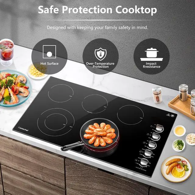Alt view image 5 of 7 - Electric Cooktop 36 Inch,5 Burners Built-in Electric Stove Top,Max 8900W Ceramic Glass Countertop with Knob Control Max 3000W Double Zone,Safety Lock