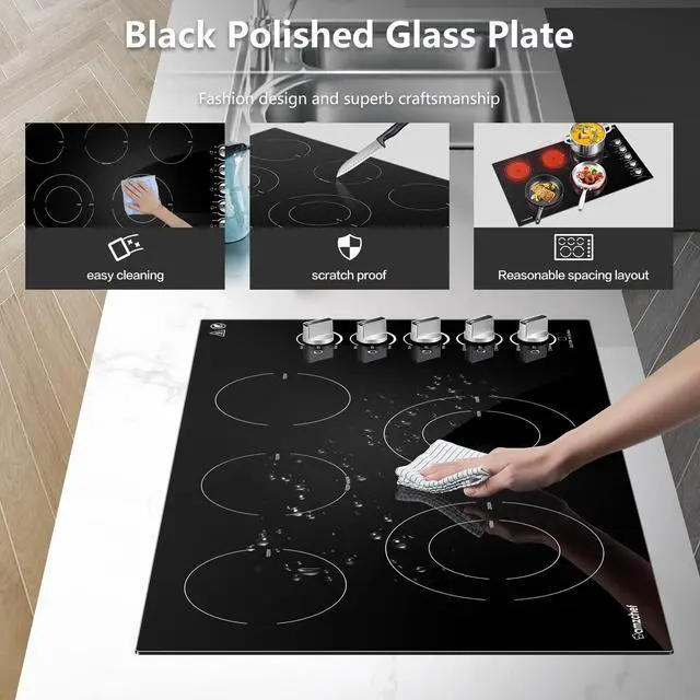 Alt view image 7 of 7 - Electric Cooktop 36 Inch,5 Burners Built-in Electric Stove Top,Max 8900W Ceramic Glass Countertop with Knob Control Max 3000W Double Zone,Safety Lock