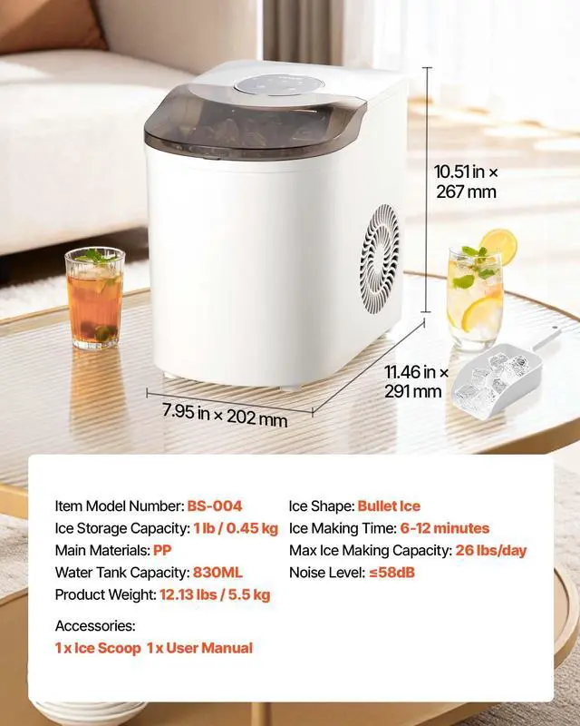Alt view image 7 of 7 - Countertop Ice Maker, 7 Cubes Ready in 6 Mins, 26 lbs per Day, Self-Cleaning Portable Machine with Ice Scoop, Ice-Making Machine with 2 Sizes Bullet ICES for Home, Kitchen, Office, Bar & Party