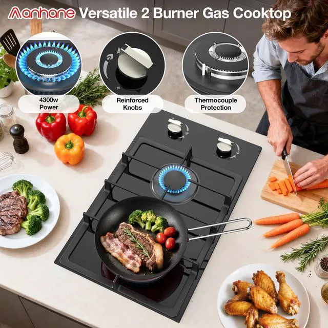 Alt view image 2 of 7 - 12-Inch Gas Cooktop, 2 Burner Drop-In Propane Stove Top, 14,600 BTU NG/LPG Dual Fuel Stainless Steel RV Cooktop with Auto-Shutoff Protection for Tiny Homes, Apartments & Campers