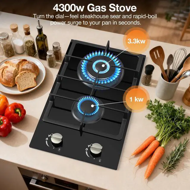 Alt view image 3 of 7 - 12-Inch Gas Cooktop, 2 Burner Drop-In Propane Stove Top, 14,600 BTU NG/LPG Dual Fuel Stainless Steel RV Cooktop with Auto-Shutoff Protection for Tiny Homes, Apartments & Campers