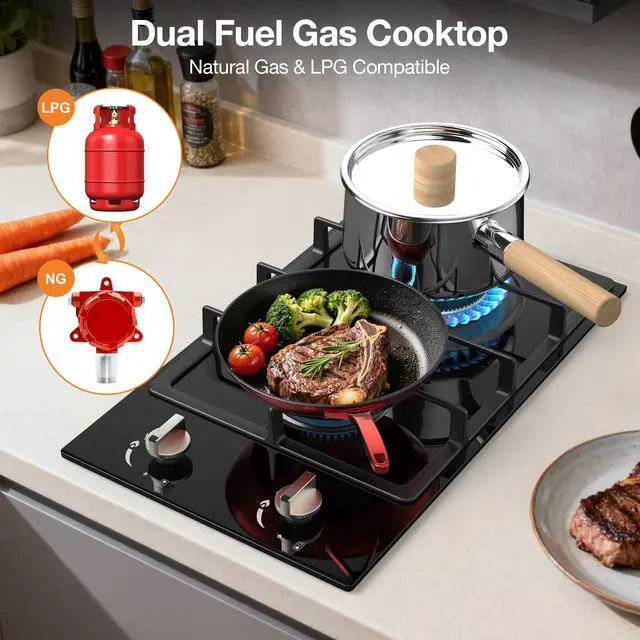 Alt view image 4 of 7 - 12-Inch Gas Cooktop, 2 Burner Drop-In Propane Stove Top, 14,600 BTU NG/LPG Dual Fuel Stainless Steel RV Cooktop with Auto-Shutoff Protection for Tiny Homes, Apartments & Campers