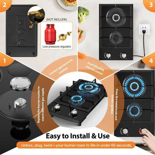 Alt view image 5 of 7 - 12-Inch Gas Cooktop, 2 Burner Drop-In Propane Stove Top, 14,600 BTU NG/LPG Dual Fuel Stainless Steel RV Cooktop with Auto-Shutoff Protection for Tiny Homes, Apartments & Campers