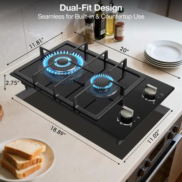 Alt view image 7 of 7 - 12-Inch Gas Cooktop, 2 Burner Drop-In Propane Stove Top, 14,600 BTU NG/LPG Dual Fuel Stainless Steel RV Cooktop with Auto-Shutoff Protection for Tiny Homes, Apartments & Campers